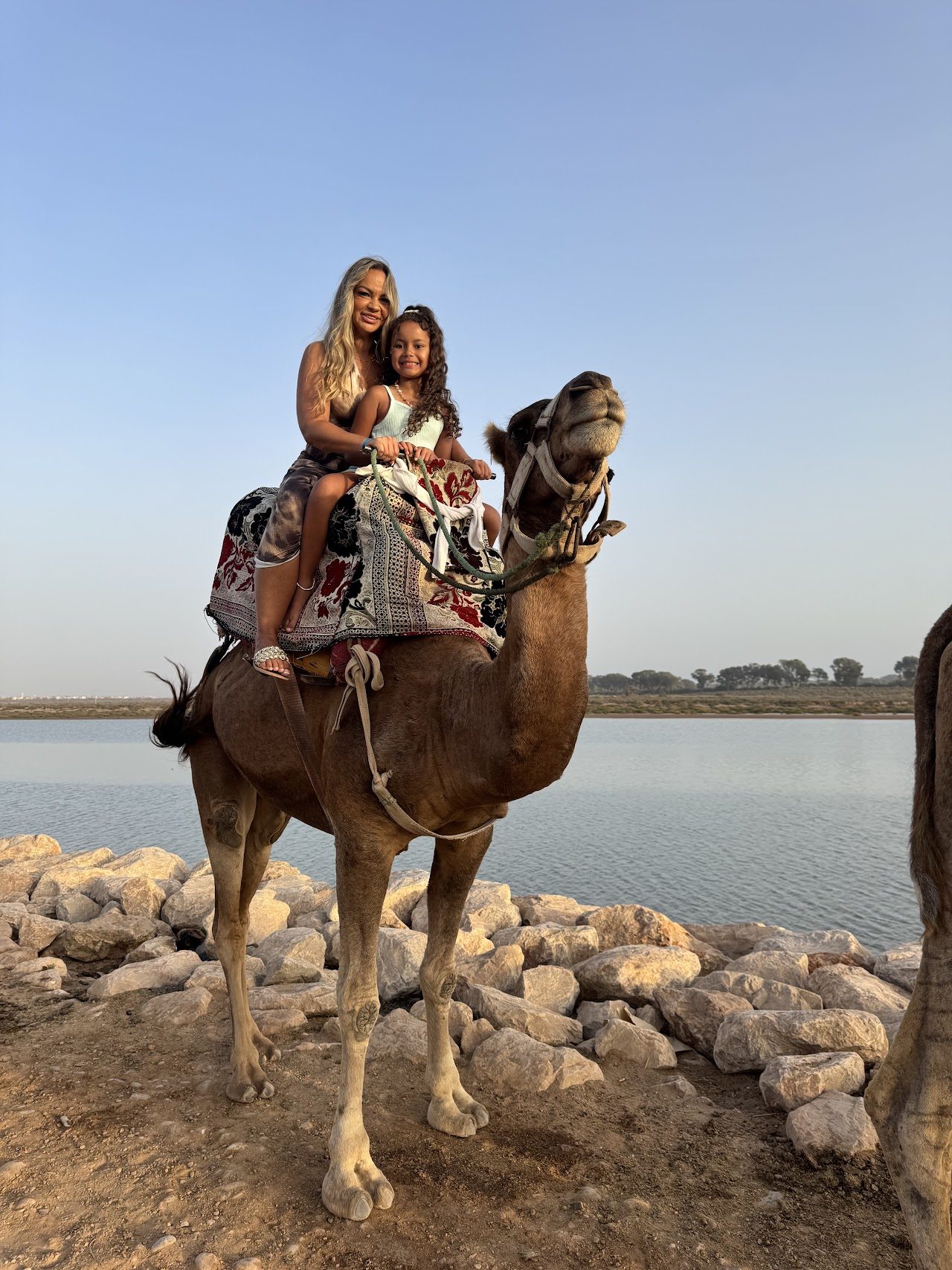 Two guests riding a camel in front of the Souss river estuary near Agadir