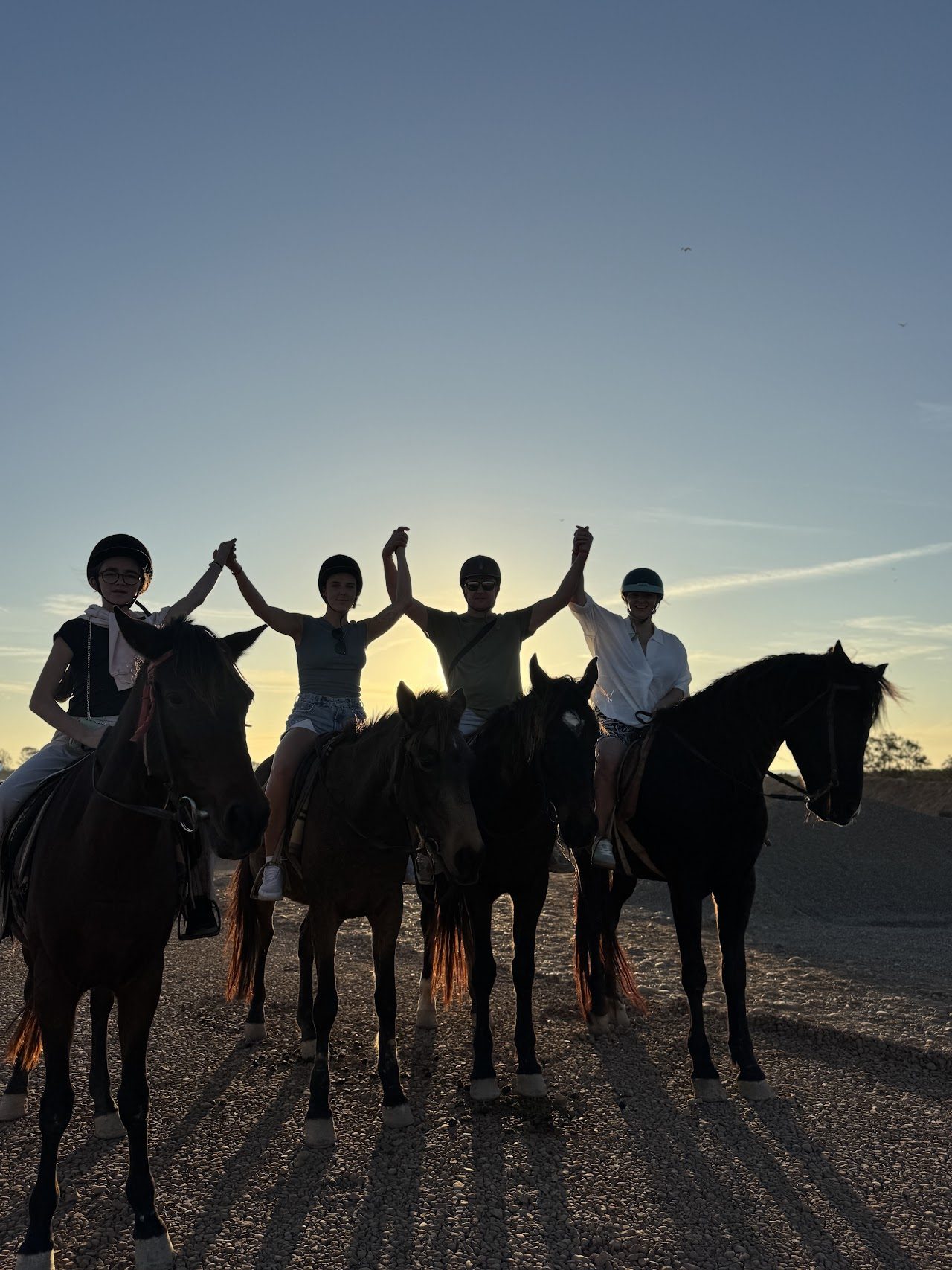 Group of riders on horses at dusk with arms raised